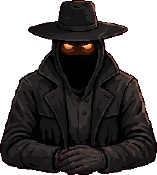 The Tallyman in a wide hat and a long coat, his eyes glowing